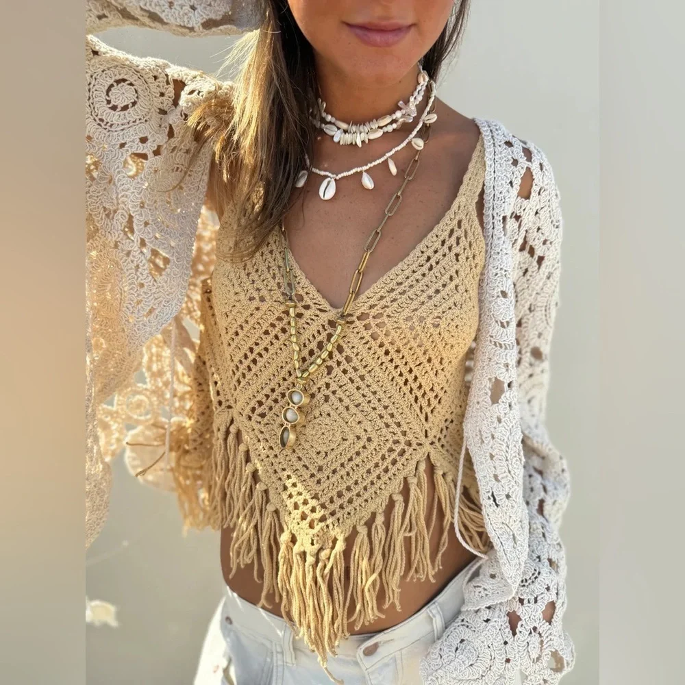 Zara | Crochet Fringe Crop Top Size Medium